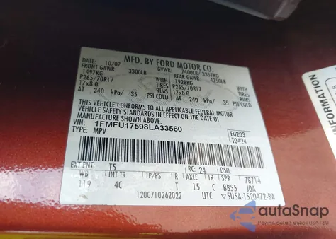 2008 Ford Expedition Eddie Bauer/King Ranch z USA, uszkodzony, nr VIN 1FMFU17598LA33560